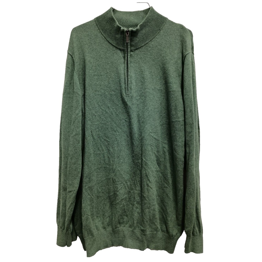 L.L.Bean Mens Cashmere Cotton Sweater XL Tall Green 1/4 Button Pullover Preppy